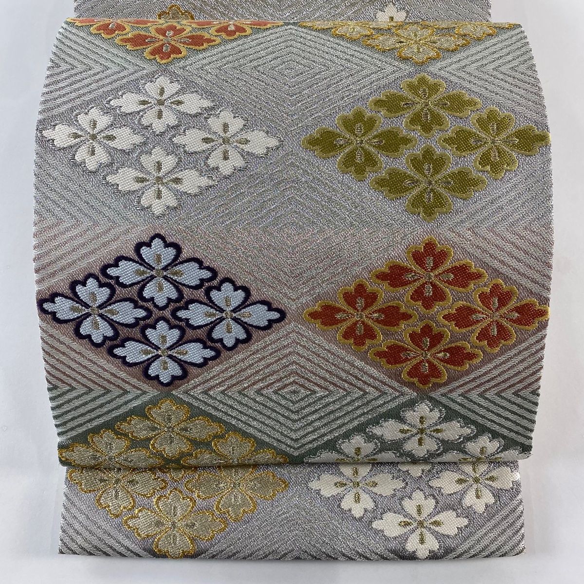 美品】 袋帯 名品 花菱 入子菱 金銀糸 箔 銀色 六通 正絹 【中古