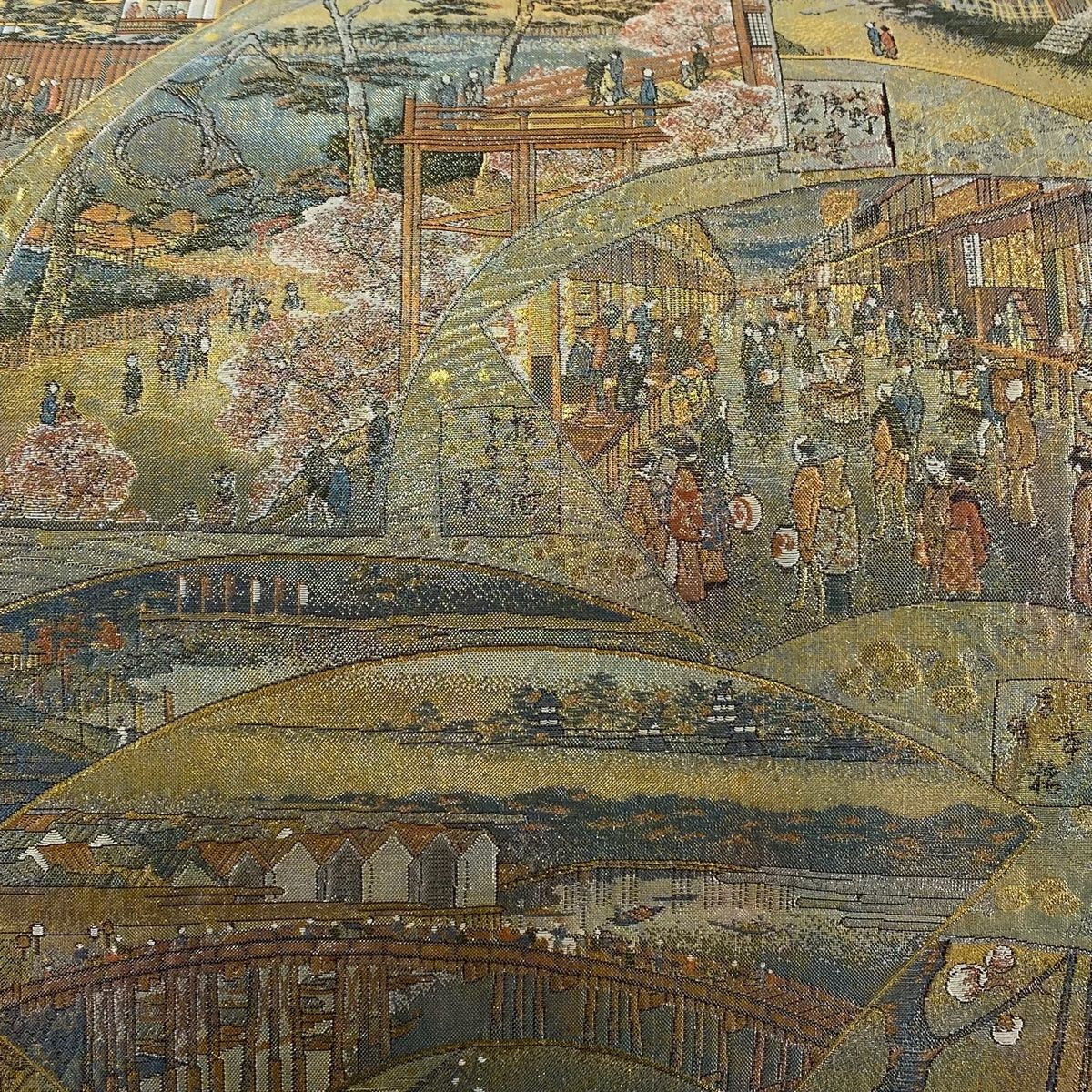 丸帯 名品 名所大江戸百景 扇面 人物 箔 金色 全通 正絹