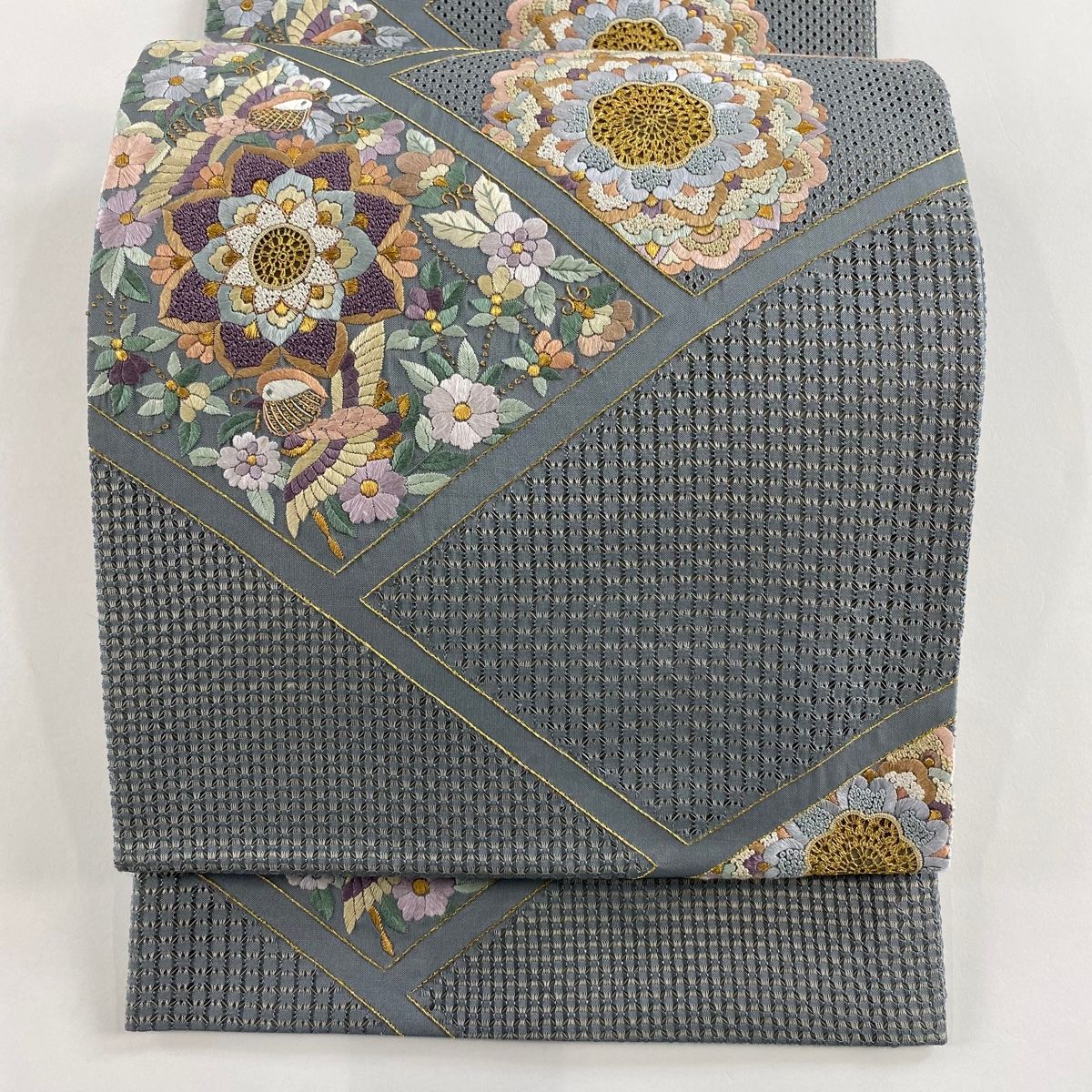 袋帯中国刺繍 蘇刺繍 六通 重厚なグレー地 緻密な刺繍 金通