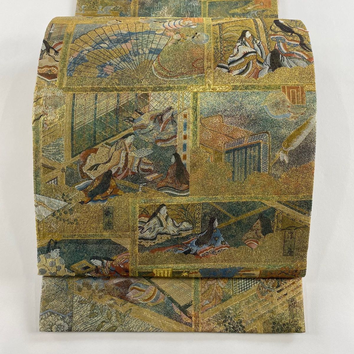 丸帯 落款 徳川美術館秘蔵 人物 御所風景 箔 金糸 金色 お太鼓柄 正絹