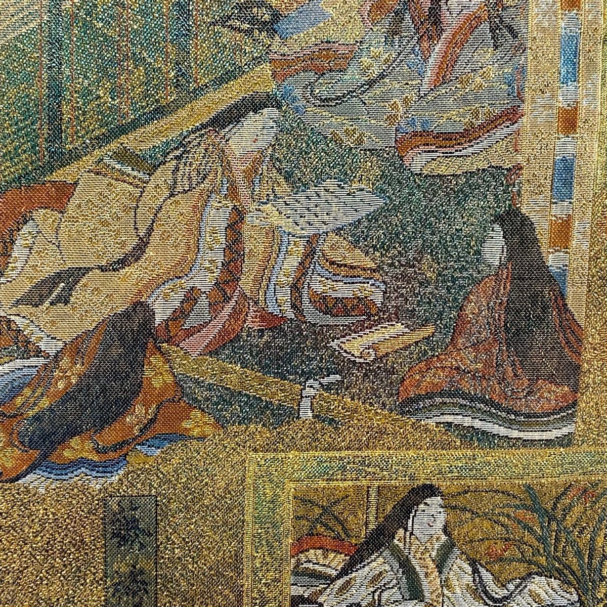丸帯 落款 徳川美術館秘蔵 人物 御所風景 箔 金糸 金色 お太鼓柄 正絹
