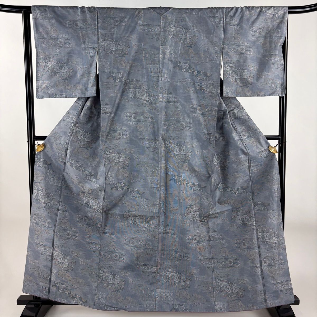 紬 身丈163cm 裄丈64.5cm M 袷 動物 草花 青灰色 正絹 秀品