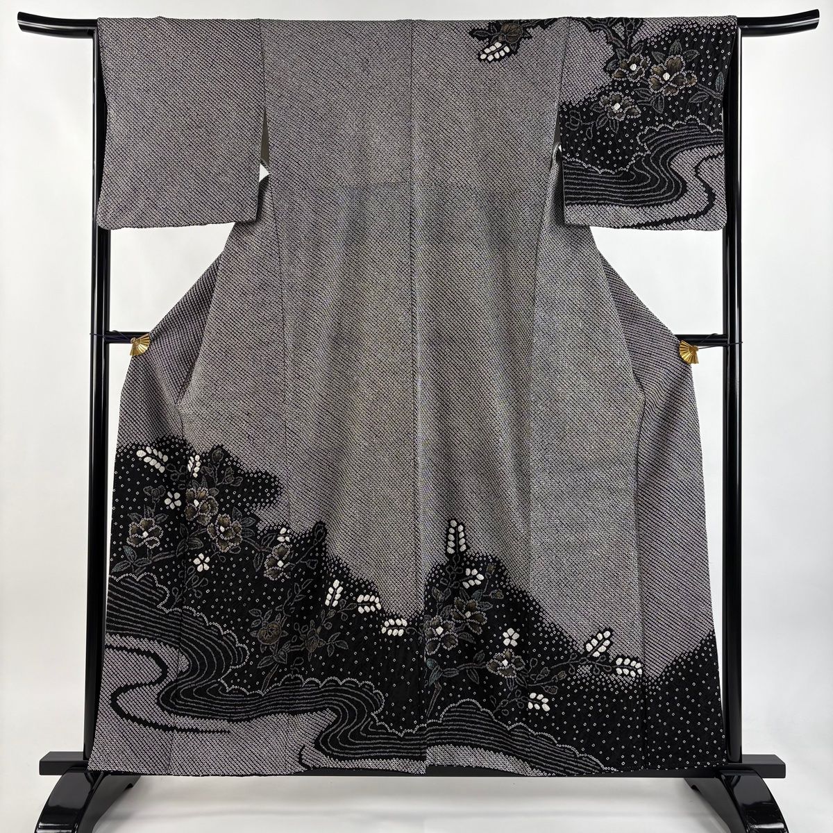 訪問着 身丈157cm 裄丈65cm M 袷 枝花 流水 絞り 金彩 黒 正絹 秀品