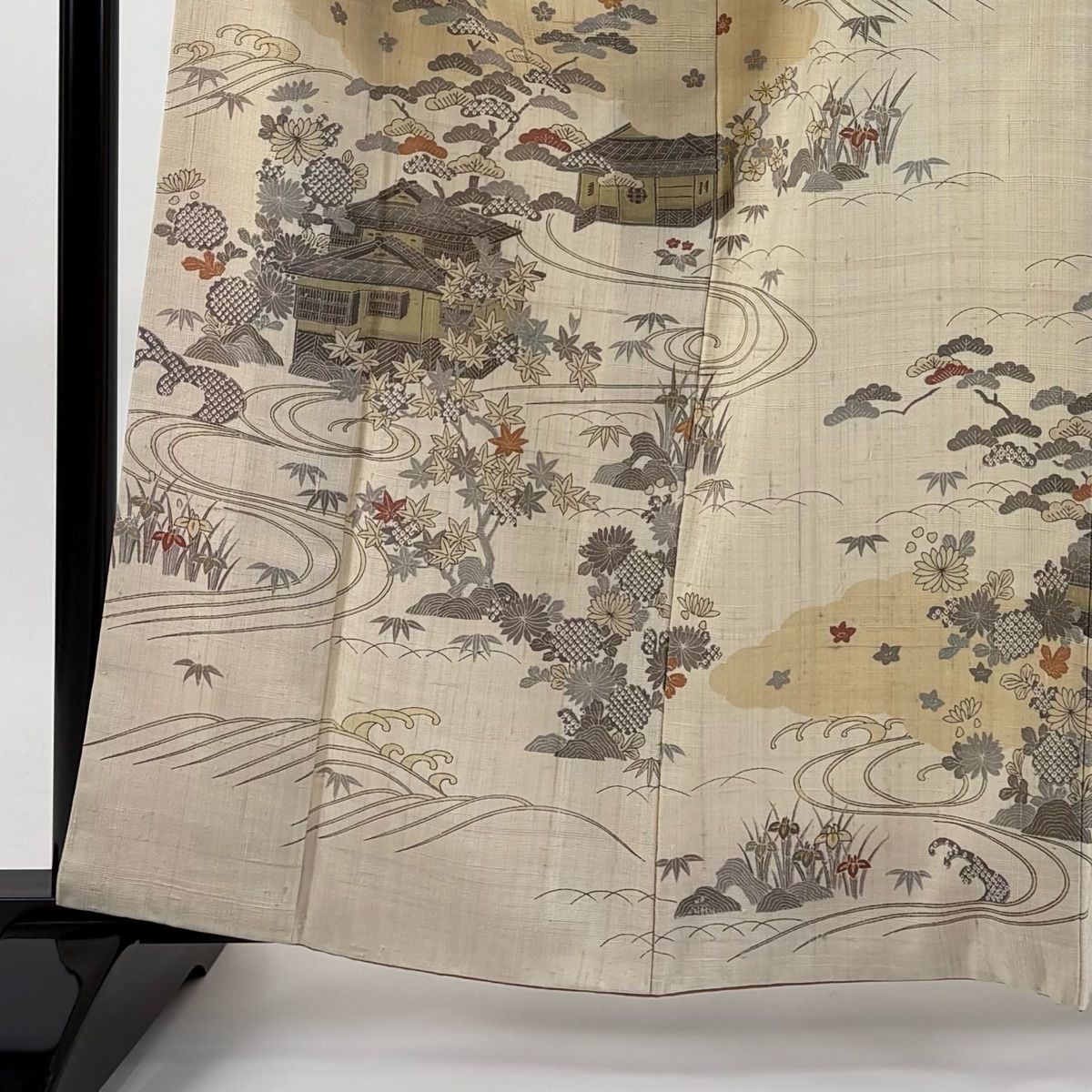 訪問着 身丈163cm 裄丈66cm M 袷 紬地 家屋 松竹梅 ベージュ 正絹 秀品