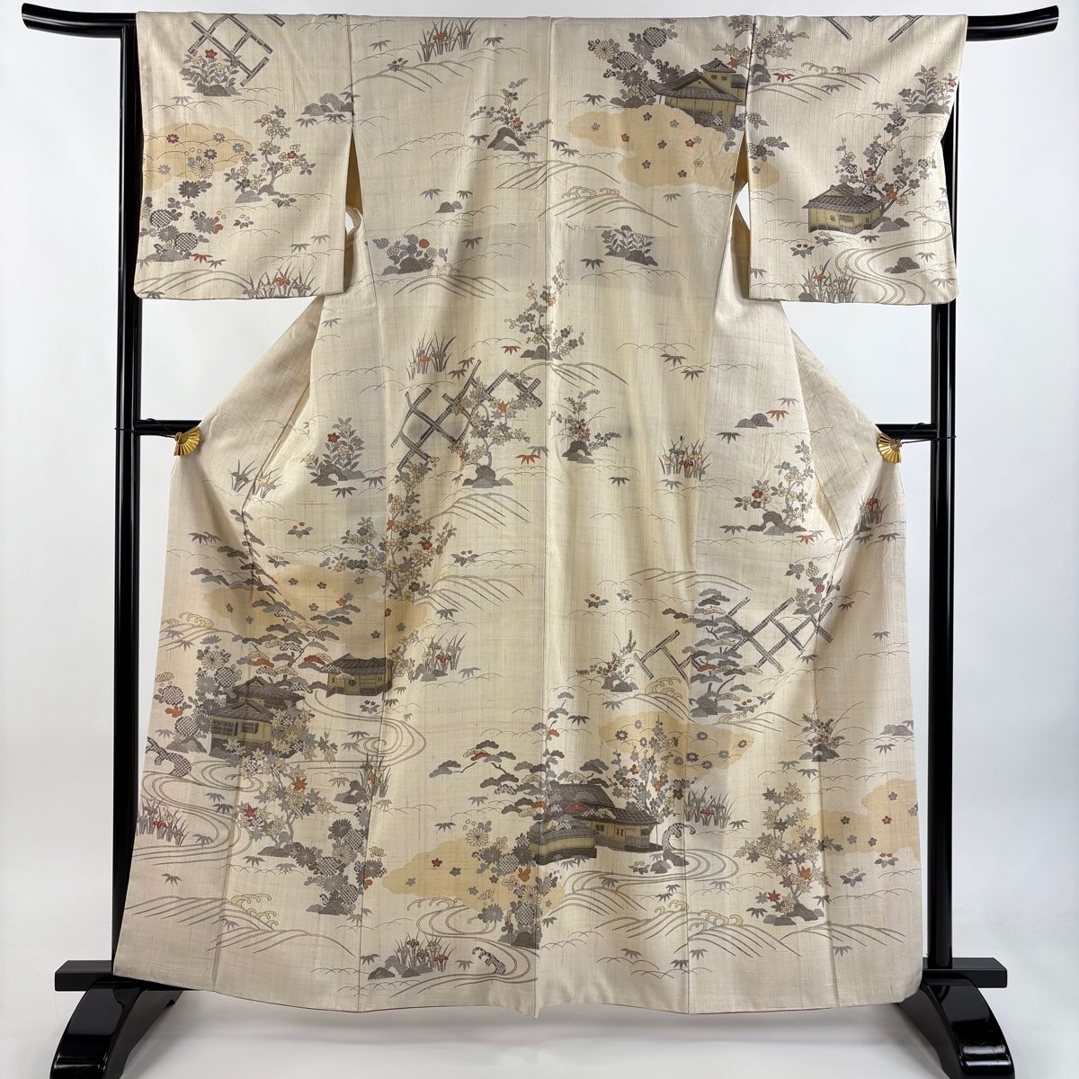 訪問着 身丈163cm 裄丈66cm M 袷 紬地 家屋 松竹梅 ベージュ 正絹 秀品