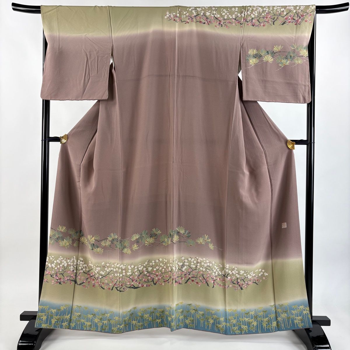 訪問着 身丈162cm 裄丈65.5cm M 袷 落款 松竹梅 ぼかしぼかし 薄小豆 正絹 秀品