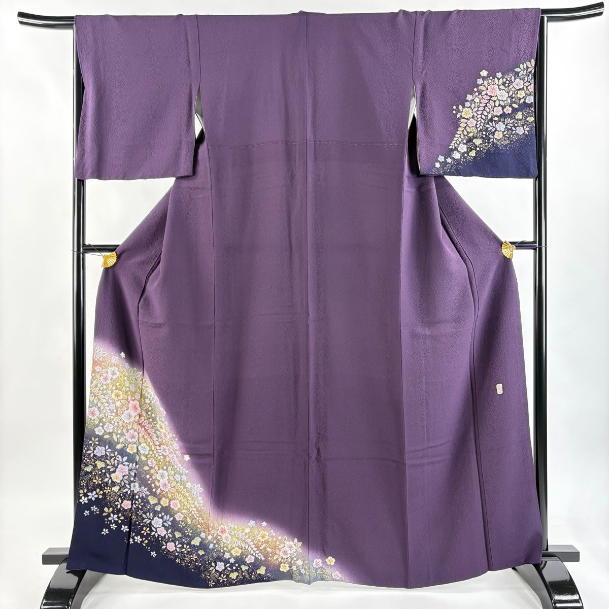 付下げ 身丈163.5cm 裄丈66cm M 袷 翠山工房 やまと 落款 辻が花 金彩 濃紫 正絹 名品