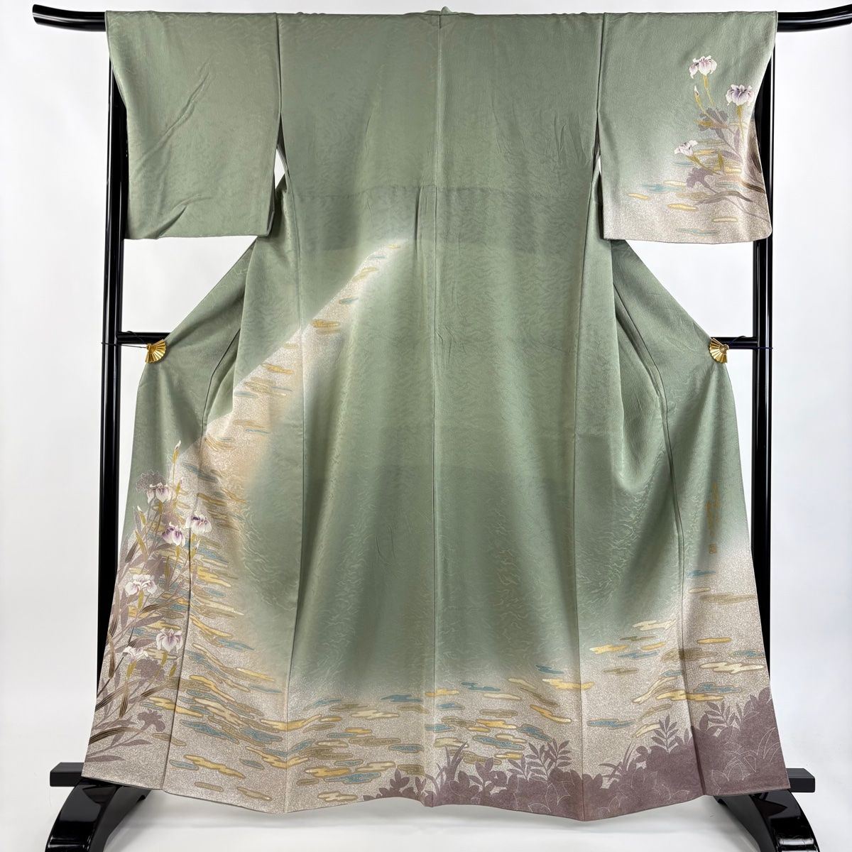 訪問着 身丈161cm 裄丈67cm M 袷 菖蒲 霞 金彩 薄緑 正絹