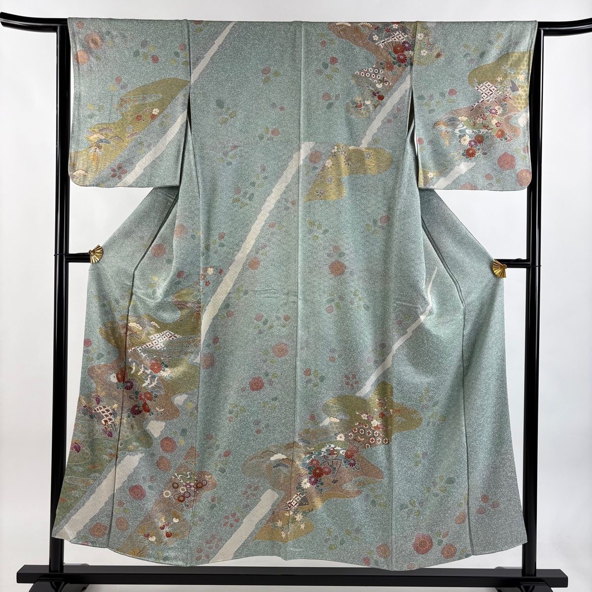 訪問着 身丈152.5cm 裄丈64cm M 袷 鶴 菊 金彩 刺繍 薄緑 正絹 名品