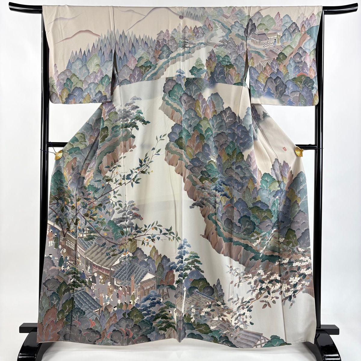 訪問着 身丈162cm 裄丈66cm M 袷 田村哲彦 落款 町並み 風景 灰色 正絹 名品 一つ紋