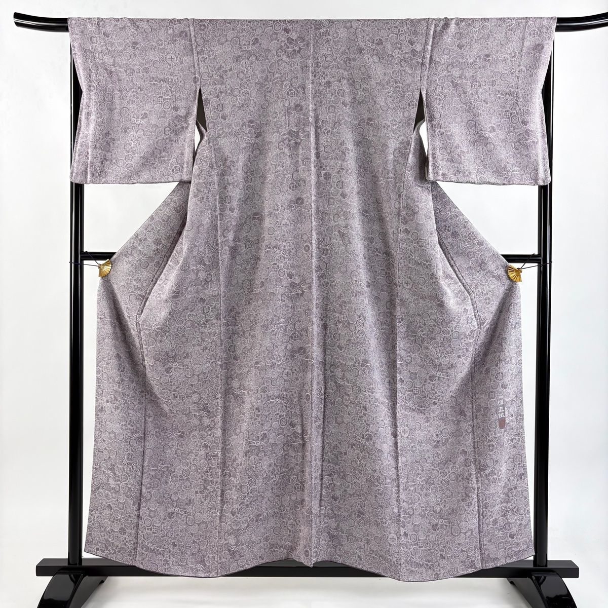 小紋 身丈157cm 裄丈66cm M 袷 紋意匠 落款 丸文 草花 紫 正絹 名品