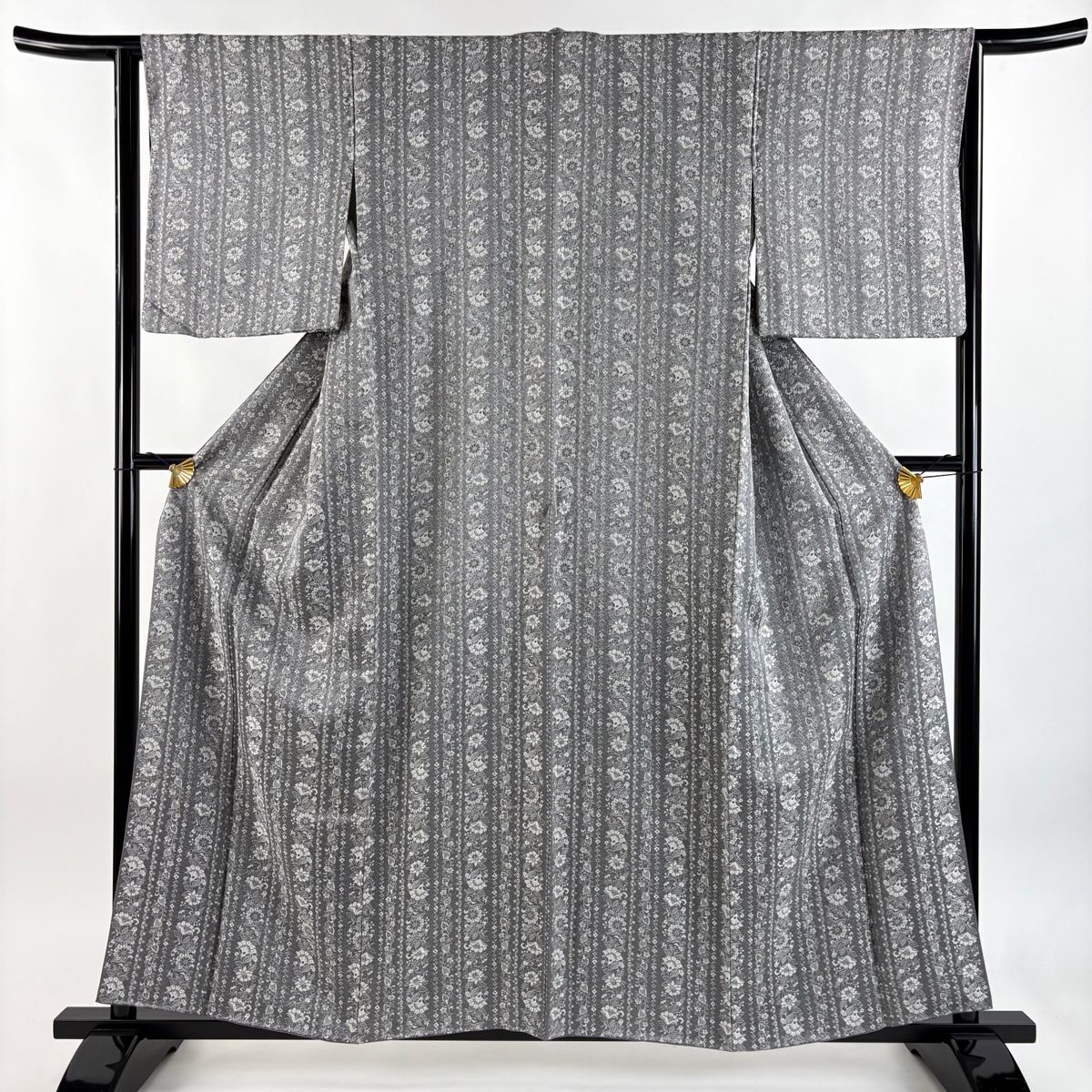 小紋 身丈157cm 裄丈62.5cm S 袷 紋意匠 縞 草花 灰色 正絹 名品