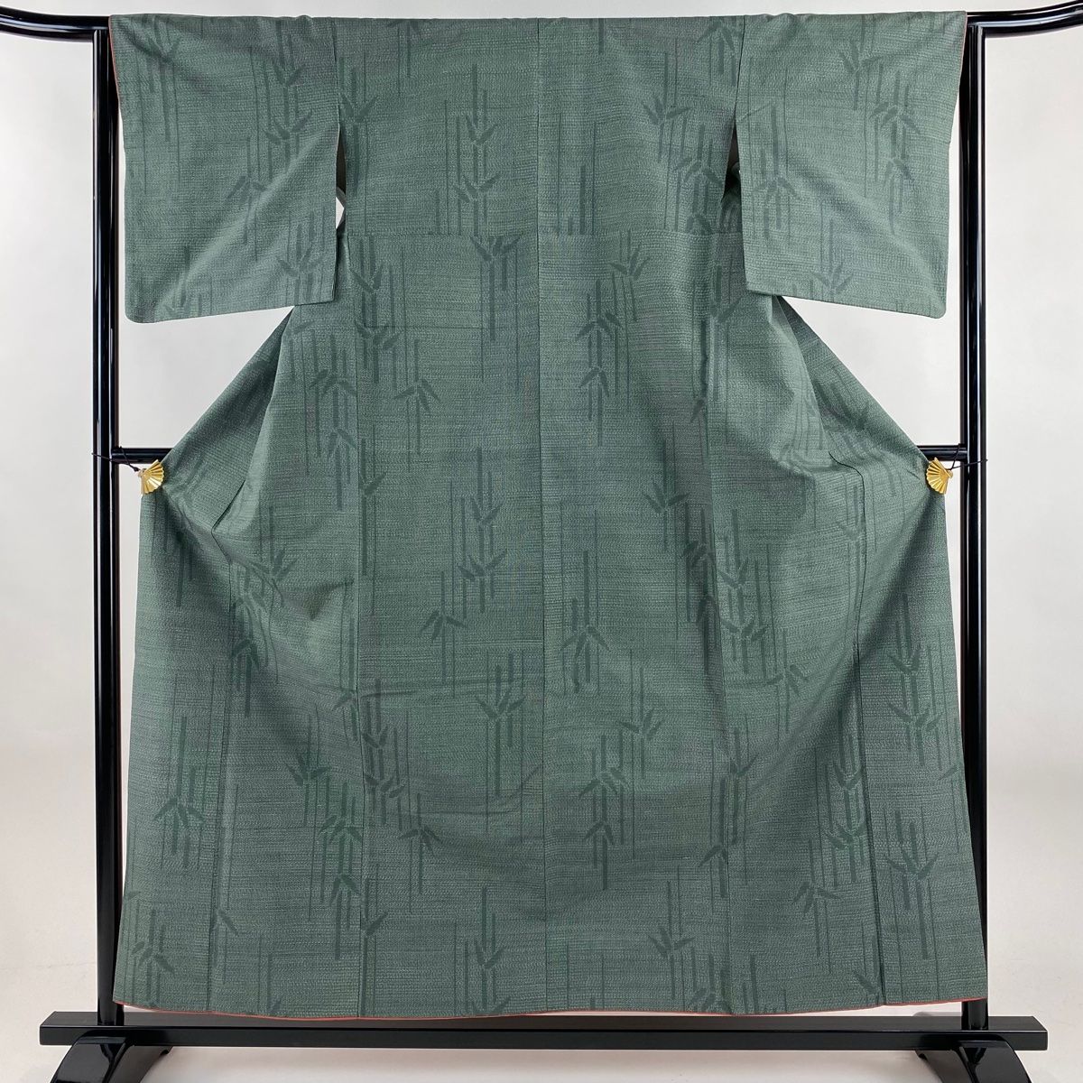 結城紬 身丈157cm 裄丈63cm S 袷 はたおり娘 やまと 証紙 竹 亀甲絣 灰緑 正絹