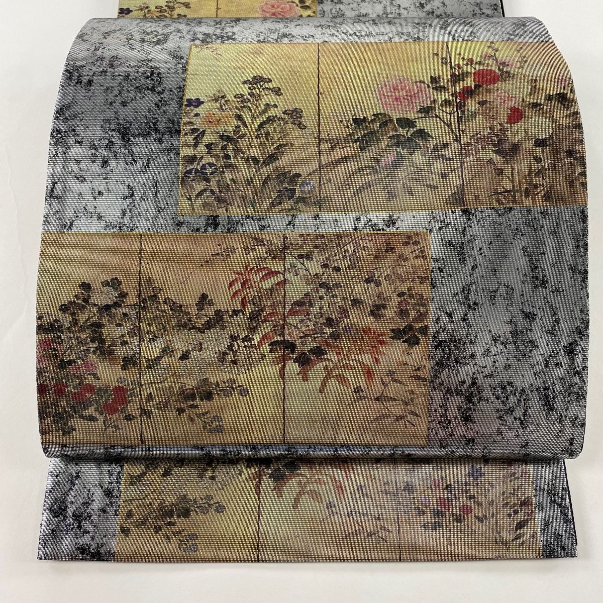 袋帯 秀品 草花 螺鈿 箔 銀色 六通 正絹