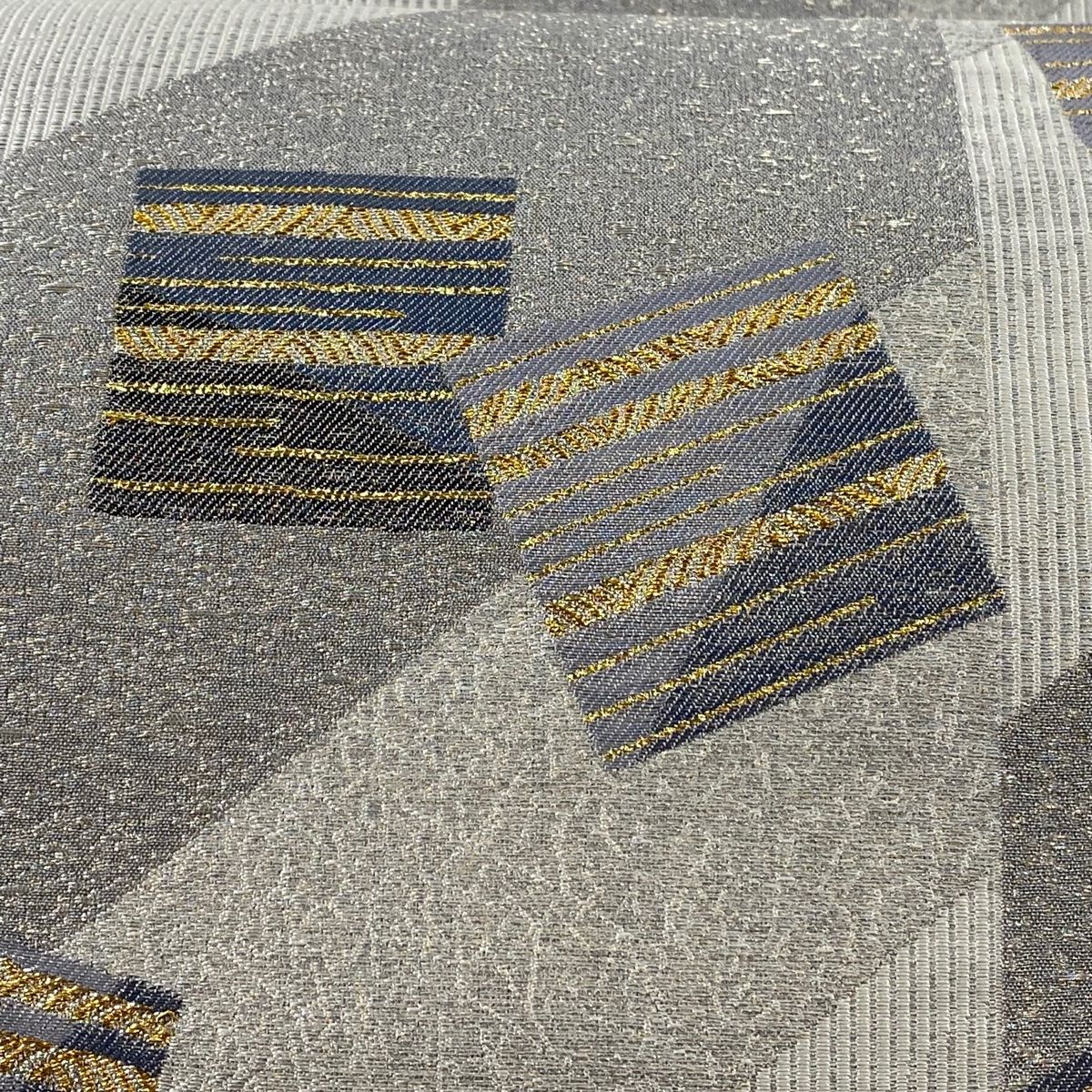 袋帯 秀品 幾何学模様 斜縞 銀糸 箔 灰色 お太鼓柄 正絹