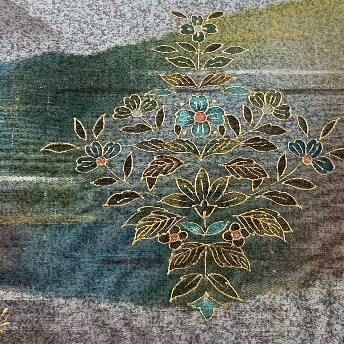 袋帯 秀品 落款 草花 霞 金銀彩 ぼかし 青灰色 お太鼓柄 正絹