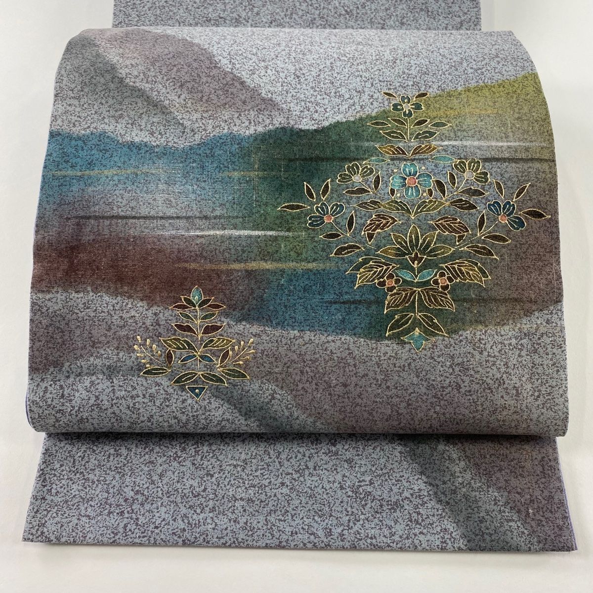 袋帯 秀品 落款 草花 霞 金銀彩 ぼかし 青灰色 お太鼓柄 正絹