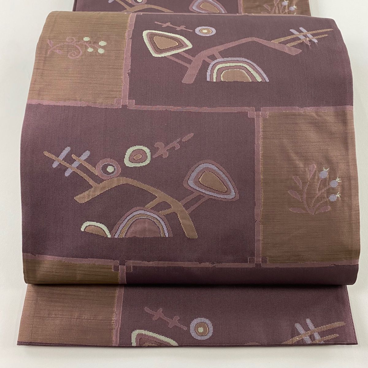 袋帯 秀品 草花 幾何学模様 紫 六通 正絹