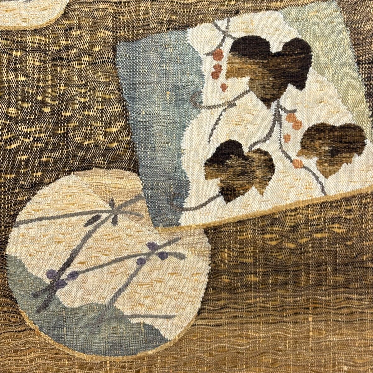 袋帯 秀品 葉柄 葉と実 山吹色 お太鼓柄 正絹