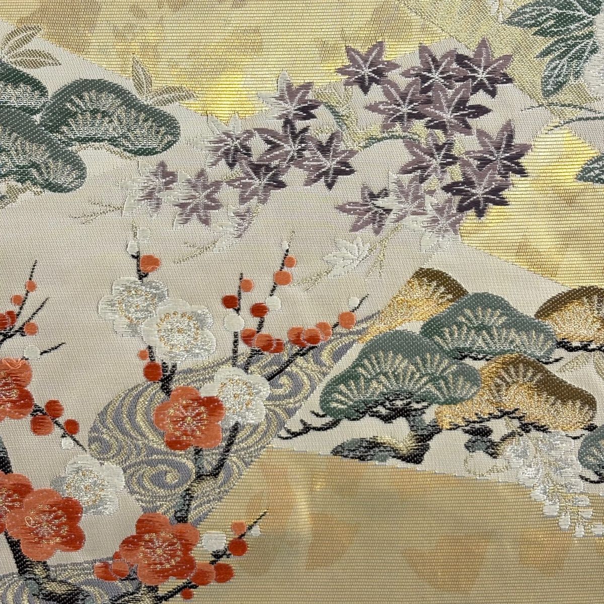 袋帯 秀品 裂取牡丹梅花紋 草花 鶴 箔 金銀糸 金色 六通 正絹