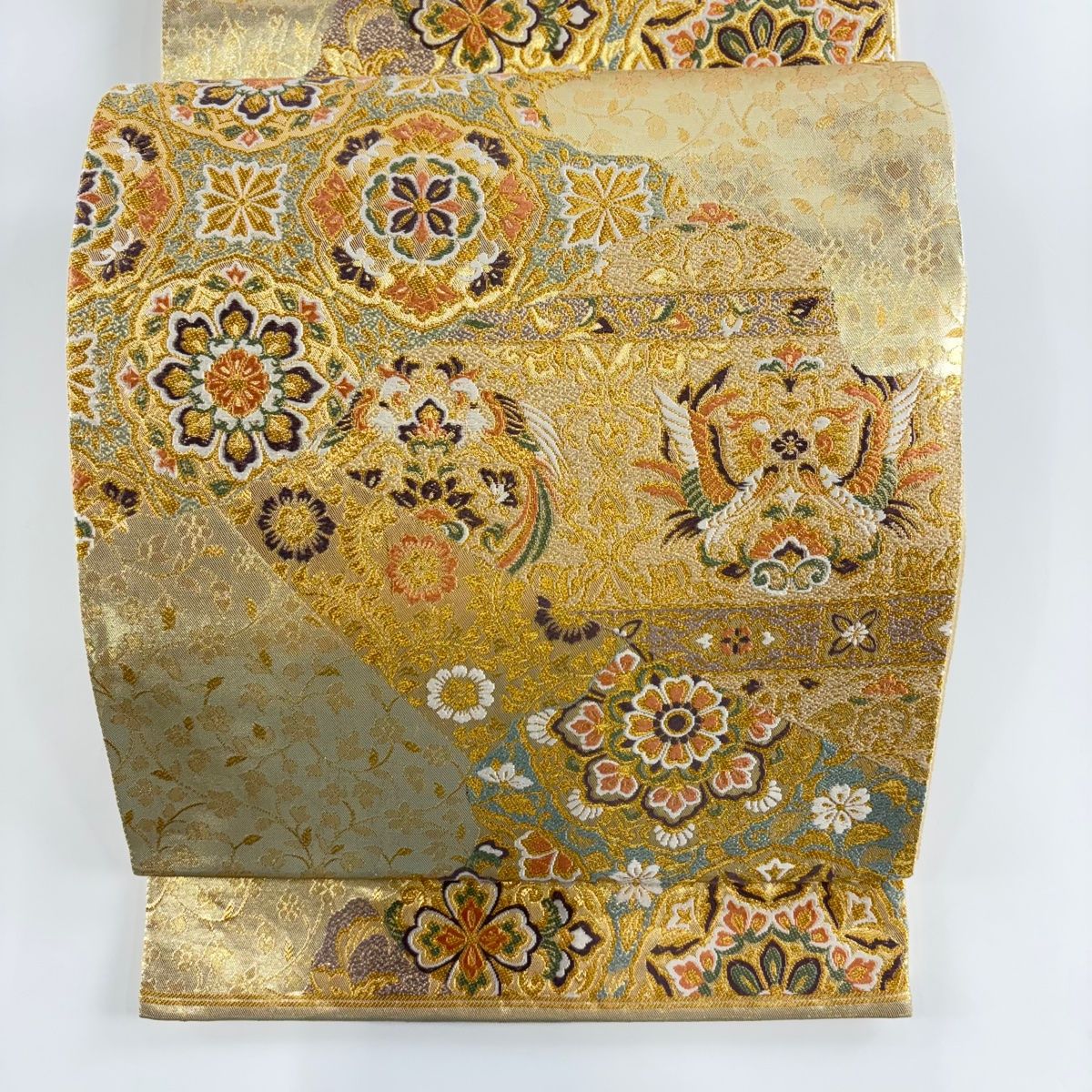 お見逃しなく。 袋帯 秀品 全通箔 華文 向かい鳥 箔 唐織 金色 六通 正絹 手作りの