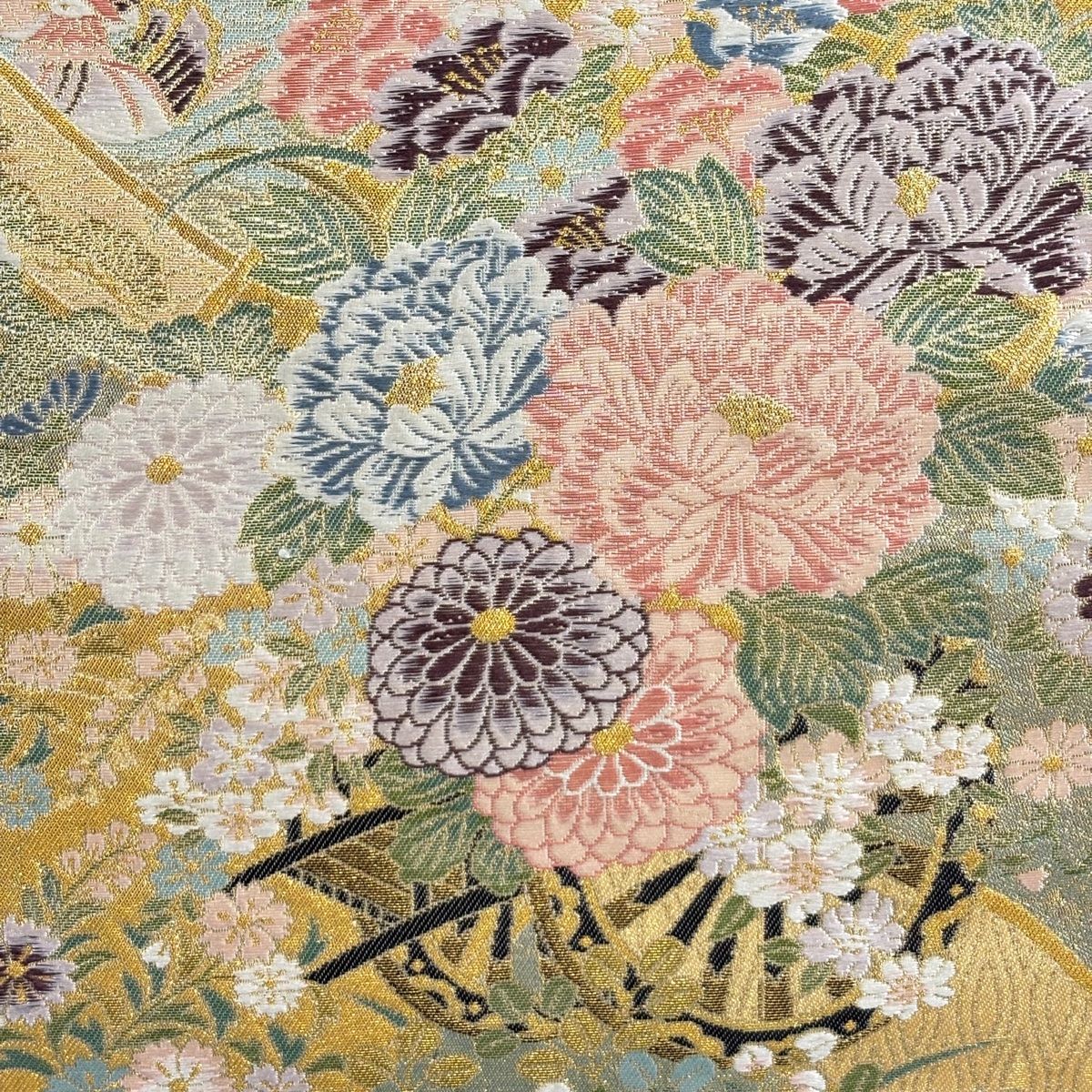 袋帯 秀品 花車 花鳥 箔 唐織 金色 六通 正絹