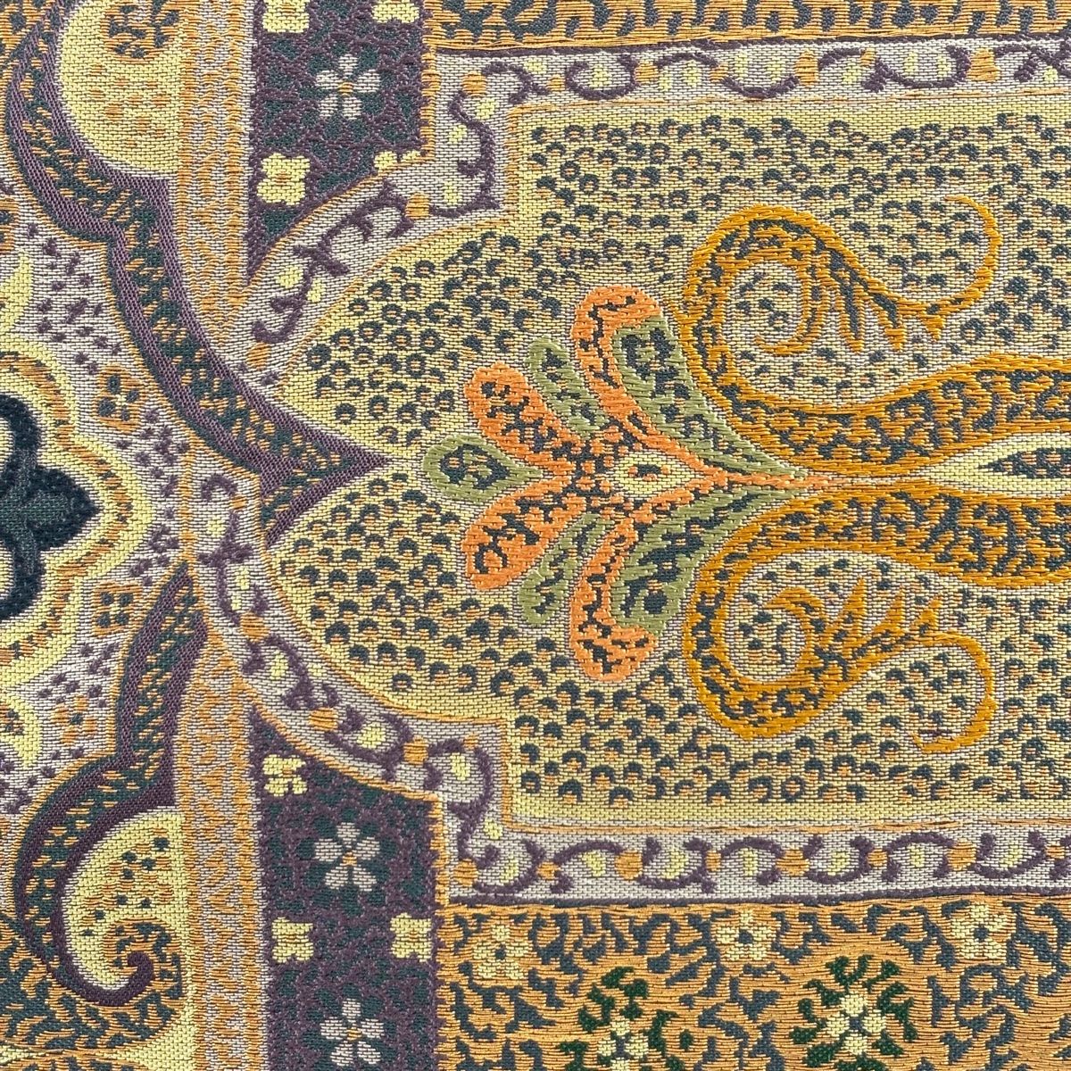 袋帯 秀品 落款 草花 幾何学模様 金糸 灰紫 全通 正絹