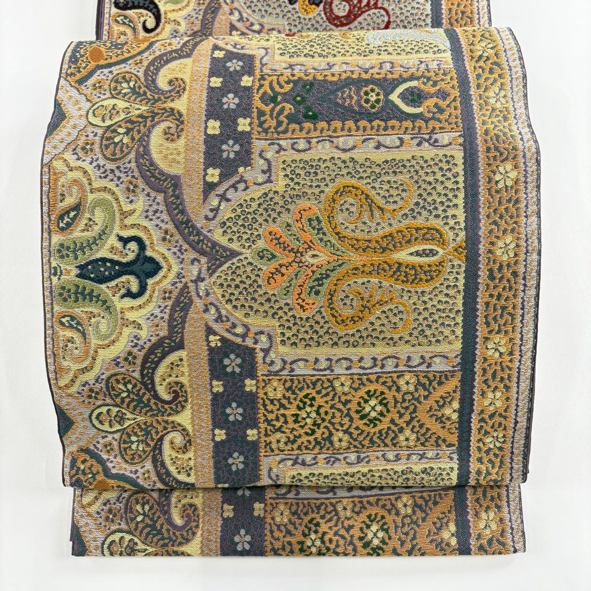 袋帯 秀品 落款 草花 幾何学模様 金糸 灰紫 全通 正絹