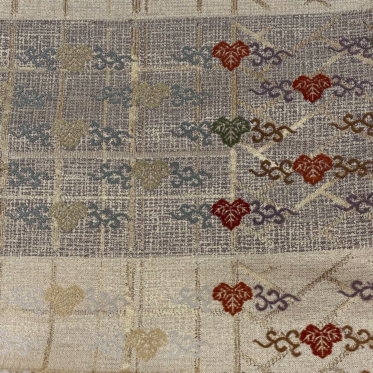 袋帯 秀品 格子 唐草 刺繍 箔 ベージュ 六通 正絹