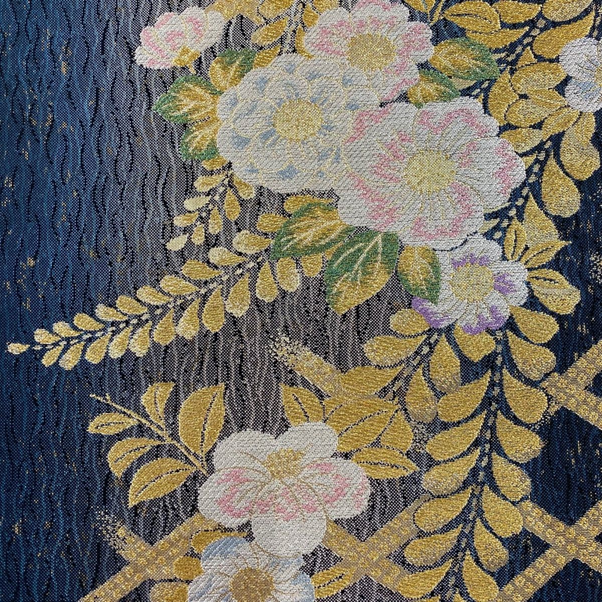 袋帯 秀品 振袖向き 草花 金銀糸 箔 青緑 六通 正絹