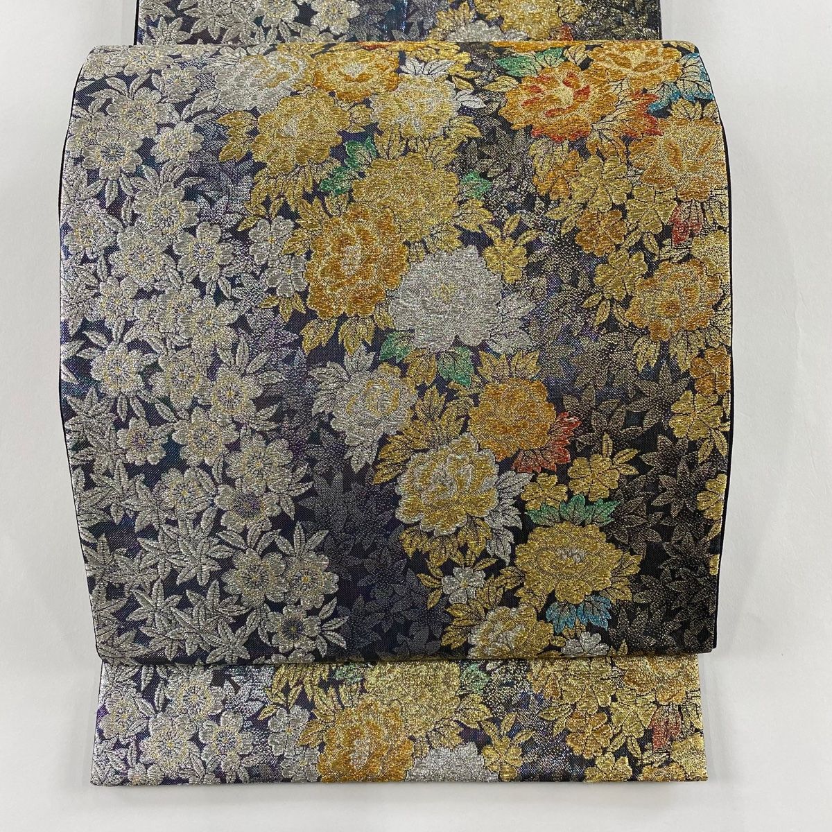 袋帯 秀品 振袖向き 牡丹 桜 金銀糸 箔 青灰色 六通 正絹