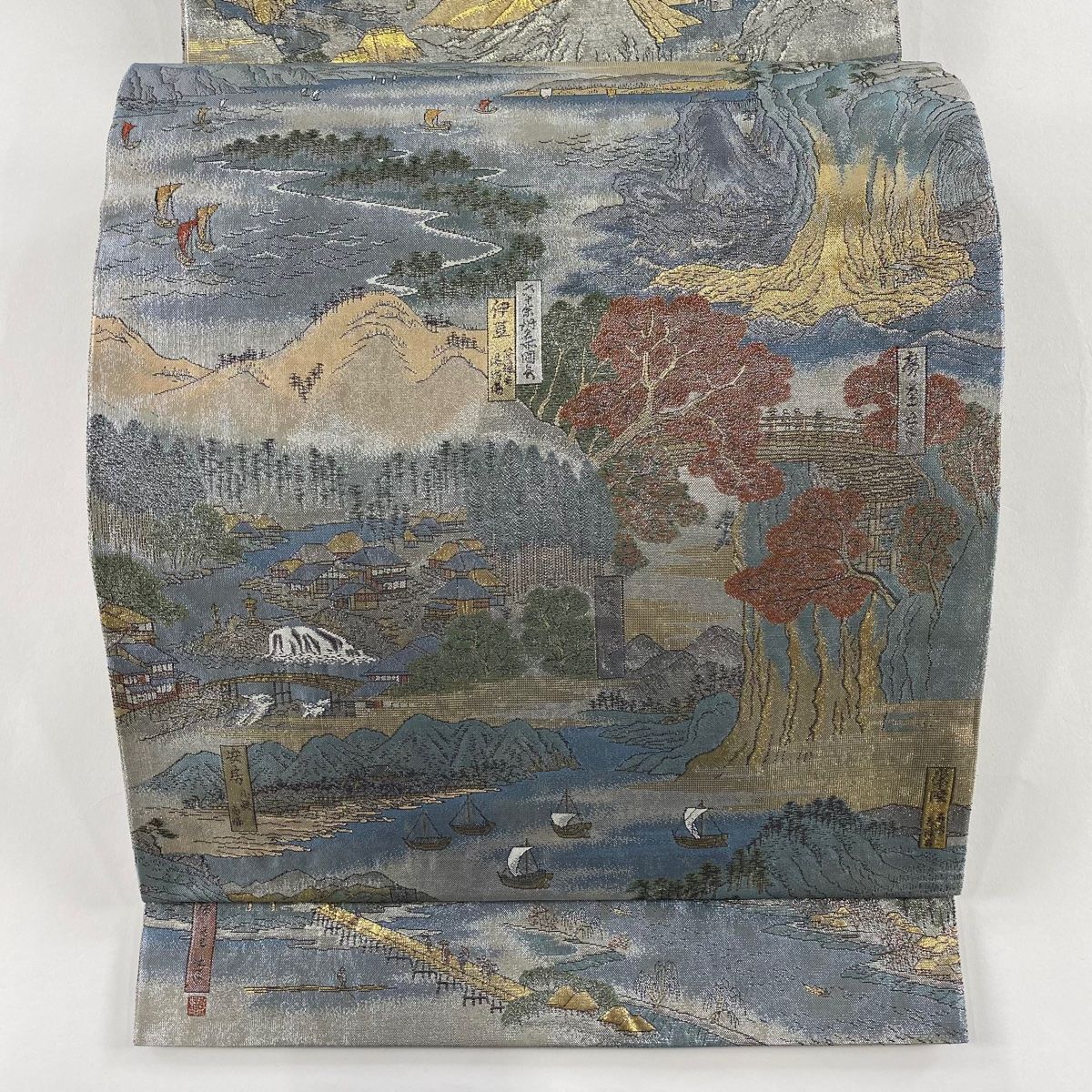 袋帯 秀品 風景 樹木 箔 灰色 お太鼓柄 正絹
