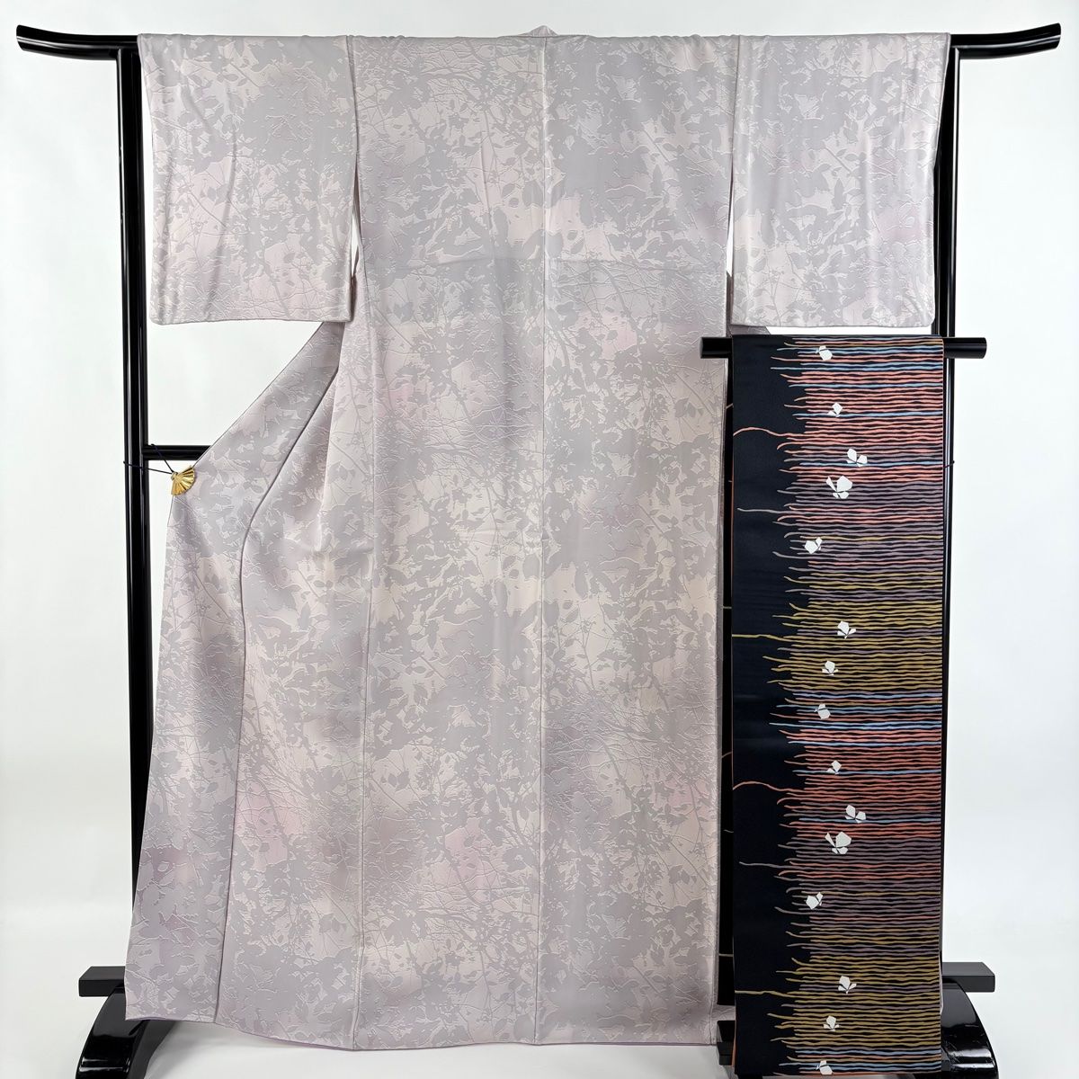 小紋 身丈167cm 裄丈64cm M 袷 袋帯セット 枝葉 ぼかし 薄紫 正絹 秀品