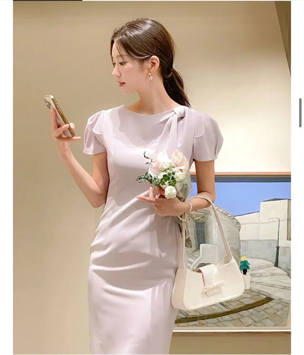 リボン パフ 半袖 ONE PIECE ラベンダー ロング丈ワンピース ゲストルック ロング丈ワンピース