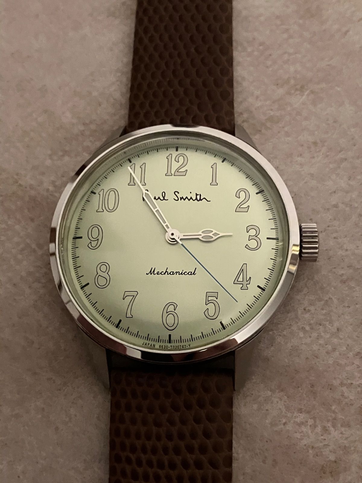 稼働 PaulSmith 黄緑文字盤 自動巻き 腕時計 革ベルト