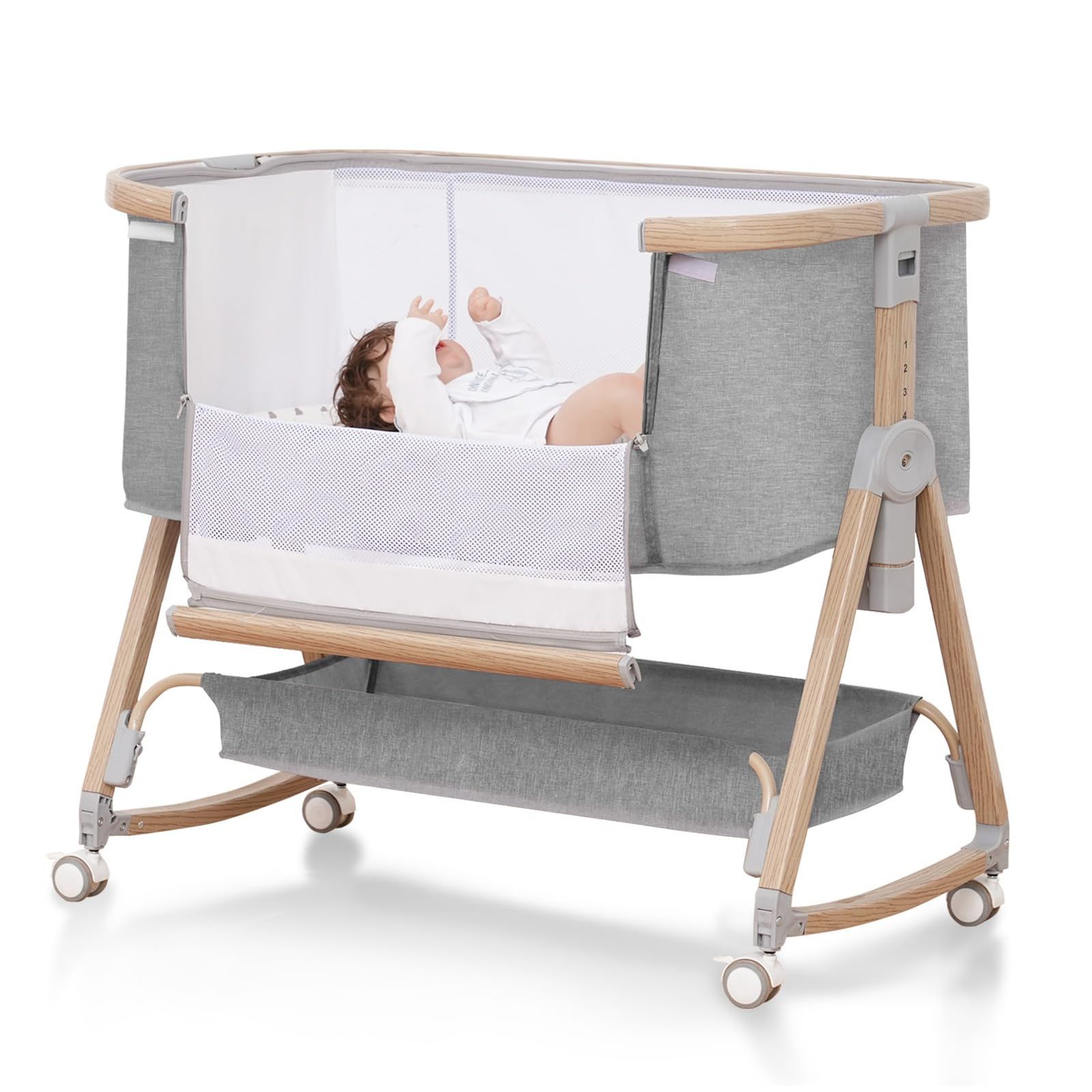 ベビーベッド 添い寝ベッド 浅い木色 乳児用ベッド 多機能 高さ6段階調節 キャスター付き 組み立て簡単 ゆりかご機能付き ベビーラック 通気性 新生児ベッド 出産祝い 0ヶ月～24ヶ月対応