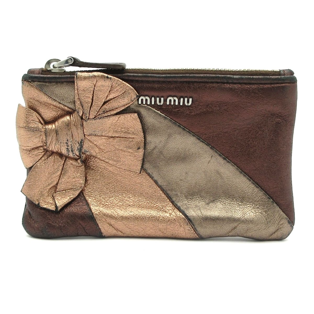 miumiu ミュウミュウ コインケース - ピンク×シルバー×ダークブラウン リボン|カード入れ付き レザー