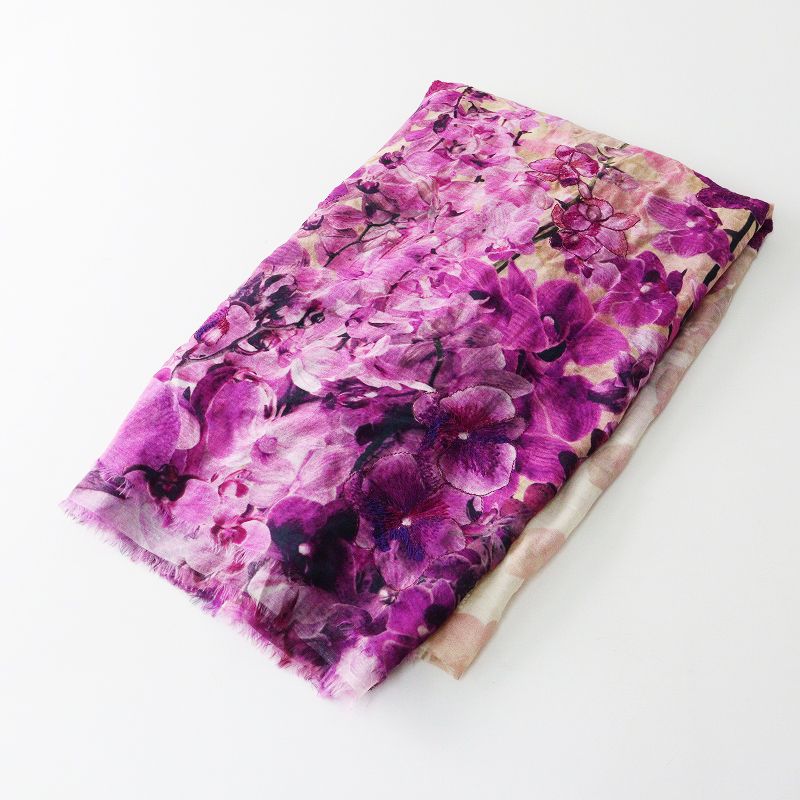 ファリエロサルティ Falierosarti 刺繍入 フラワープリント ガーゼ素材 大判ストール パープル┃花柄 フラワー 2400014657586