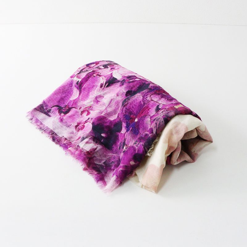 ファリエロサルティ Falierosarti 刺繍入 フラワープリント ガーゼ素材 大判ストール パープル┃花柄 フラワー 2400014657586