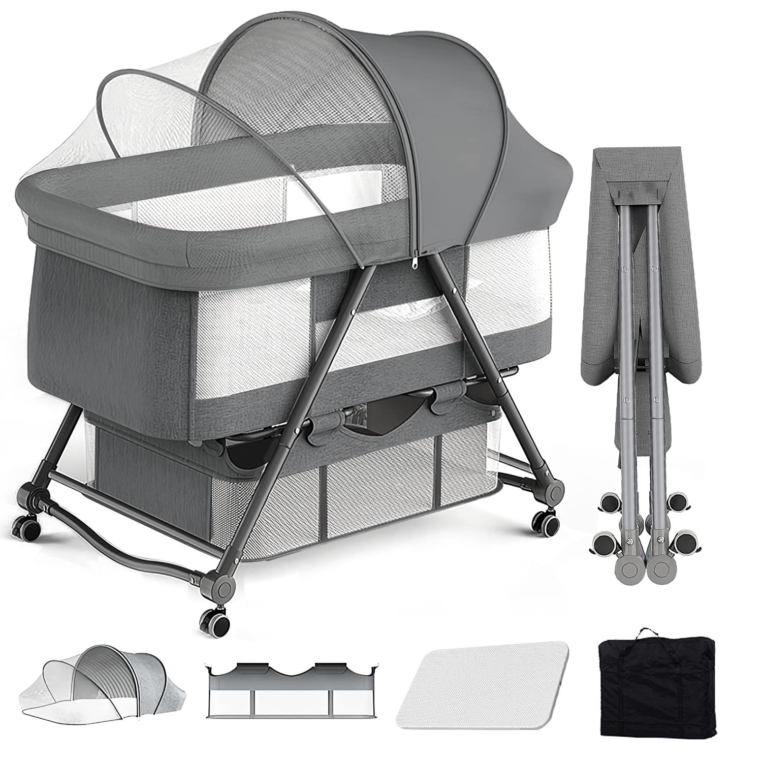 UBRAVOO ベビーベッド ゆりかご ベビーラック 折りたたみ 組み立て不要 収納便利 キャスタ付き 通気 洗濯便利 蚊帳付き 収納袋 マット 新生児ベッド0ヶ月~ 灰色