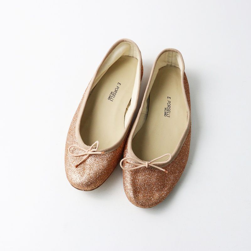 ポルセリ Porselli ピンクグリッター リボンバレエシューズ 38|23.5～24 cm ピンクベージュ┃ラメ フラットパンプス 2400014648461