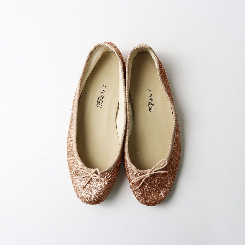 ポルセリ Porselli ピンクグリッター リボンバレエシューズ 38 23.5~24 cm ピンクベージュ┃ラメ フラットパンプス 2400014648461