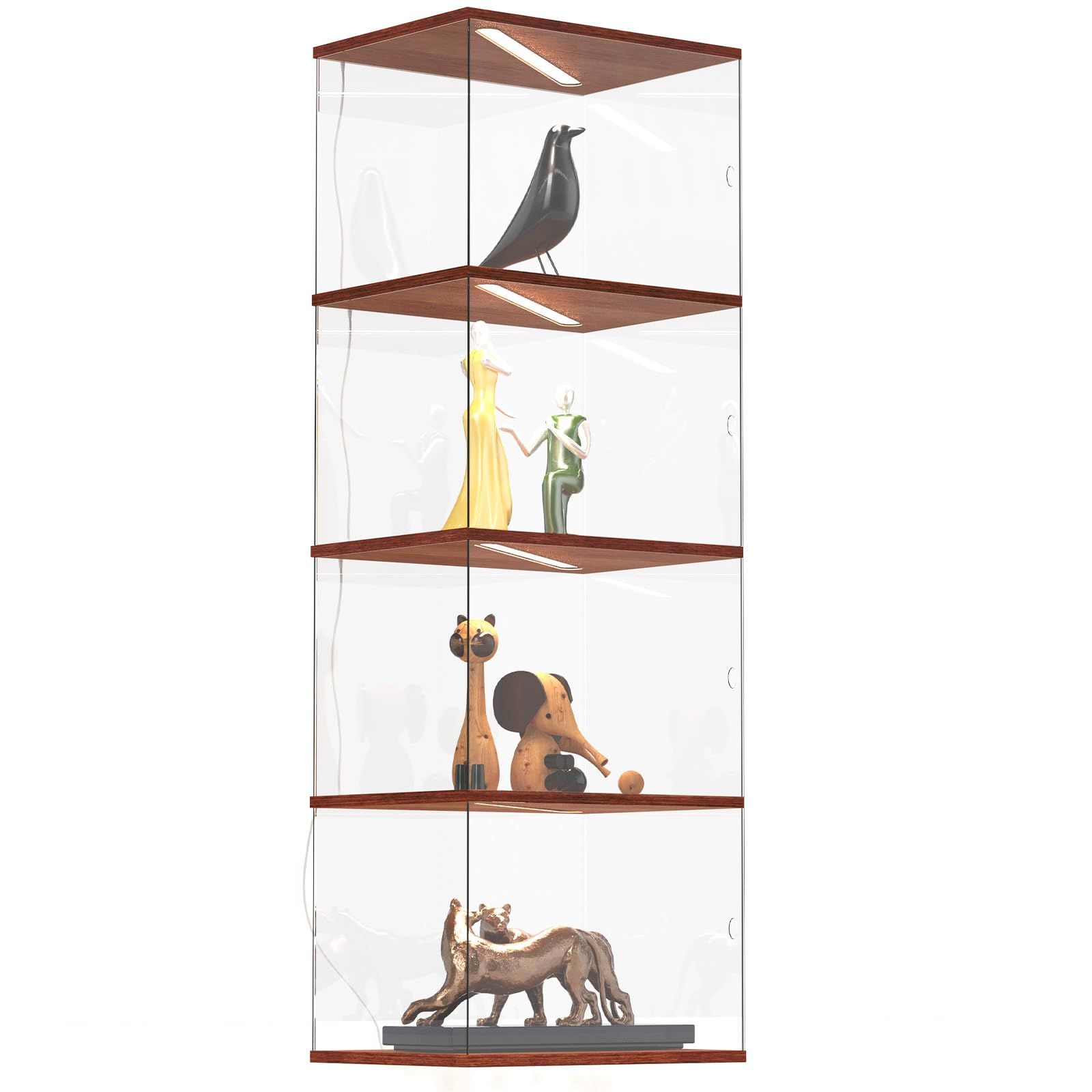 LORAK フィギュアケース コレクションケース LEDライト付き 幅40奥行30高さ120cm 4段 ディスプレイキャビネット フィギュア収納 アクリルラック 高透明度 ウォルナット色 4段Mサイズ-ライト付き