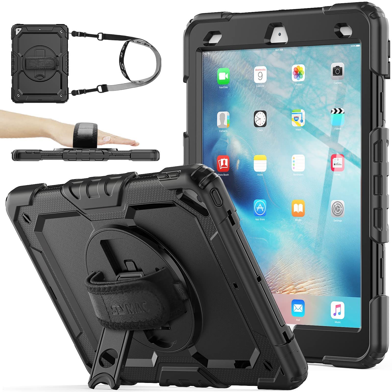 HOT，品質保証 SEYMAC stock iPad Air3/iPad Pro 10.5インチ ケース 耐衝撃 保護フィルム付き ペン収納 360°回転スタンド ハンドストラップ ショルダーストラップ 全面保護カバー（ブラック） その他