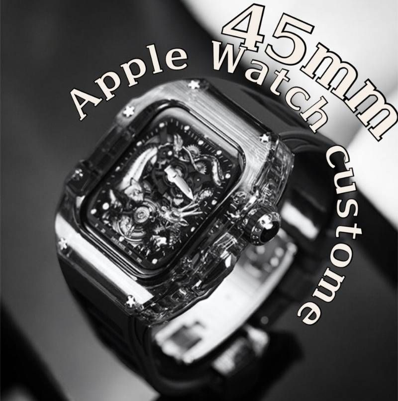 ブラックシルバー AppleWatchカバーケース 脱着 簡単 保護 カスタム ベルト ラバー バンド ４５ｍｍ アップルウォッチ対応