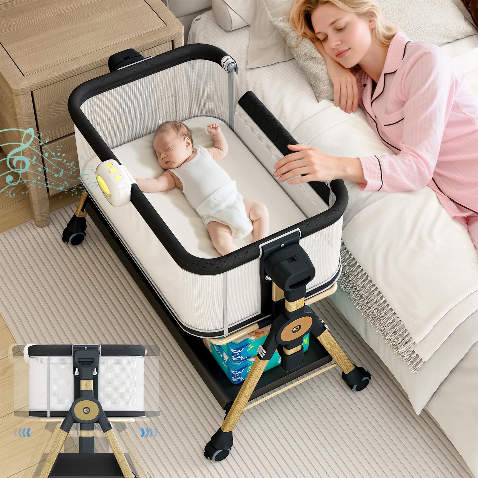 ベビーベッド 添い寝ベッド 新生児ベビーベッド ミニサイズ 高さ6段調節 ゆりかご機能付き 魚鱗柄リネン 通気性 キャスター付き 持ち運び簡単 固定ベルト 蚊帳付き 出産祝い 0ヶ月?24ヶ月対応