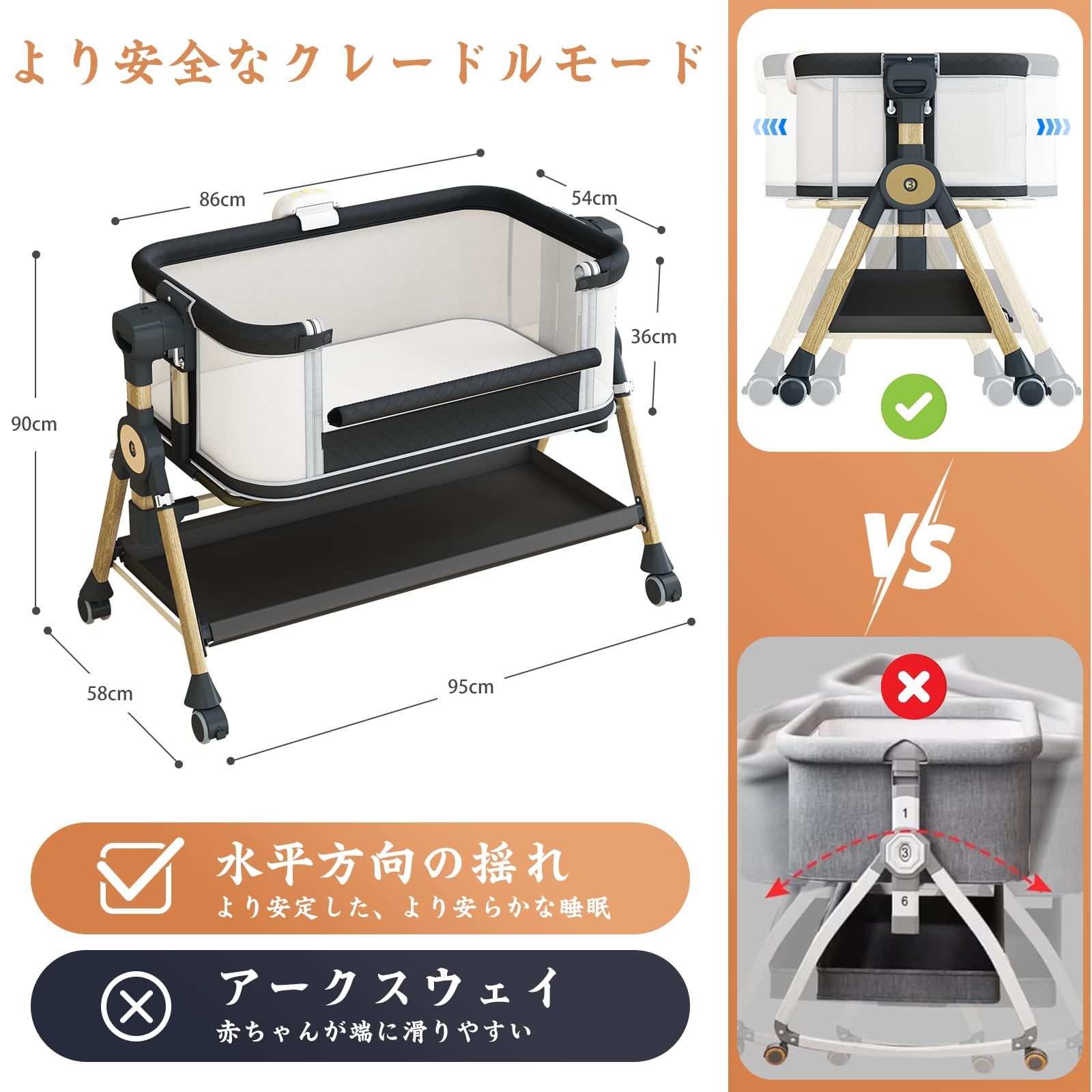  ベビーベッド 添い寝ベッド 新生児ベビーベッド ミニサイズ 高さ6段調節 ゆりかご機能付き 魚鱗柄リネン 通気性 キャスター付き 持ち運び簡単 固定ベルト 蚊帳付き 出産祝い 0ヶ月 24ヶ月対応 ベッド ベビー用寝具 ベッド