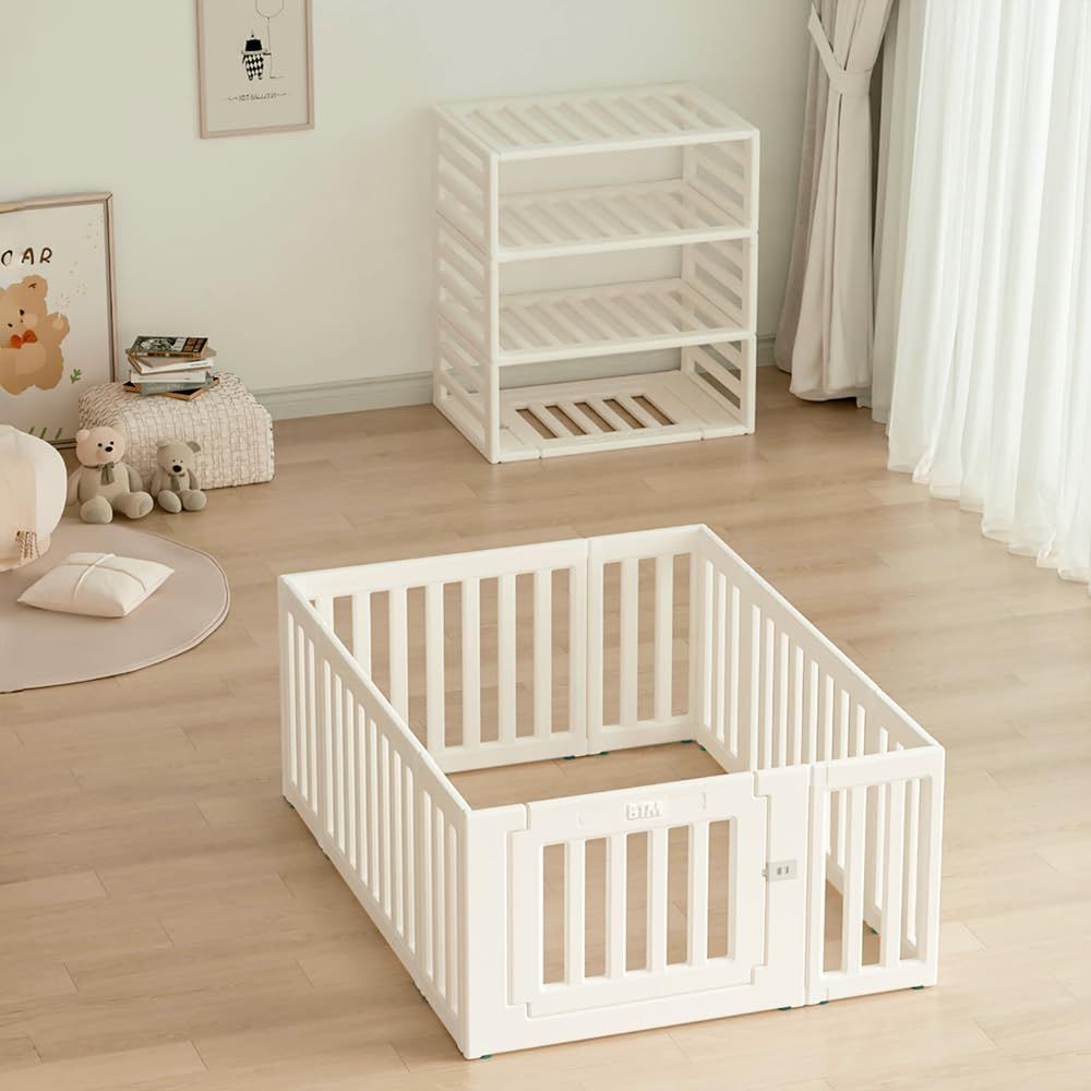 OSJ ベビーサークル 内径122*150cm 外径変形 収納棚へ変身 扉付き ベビーゲート ベビーフェンス プレイヤード 簡単組立 柵 キッズ 内径122*150cm