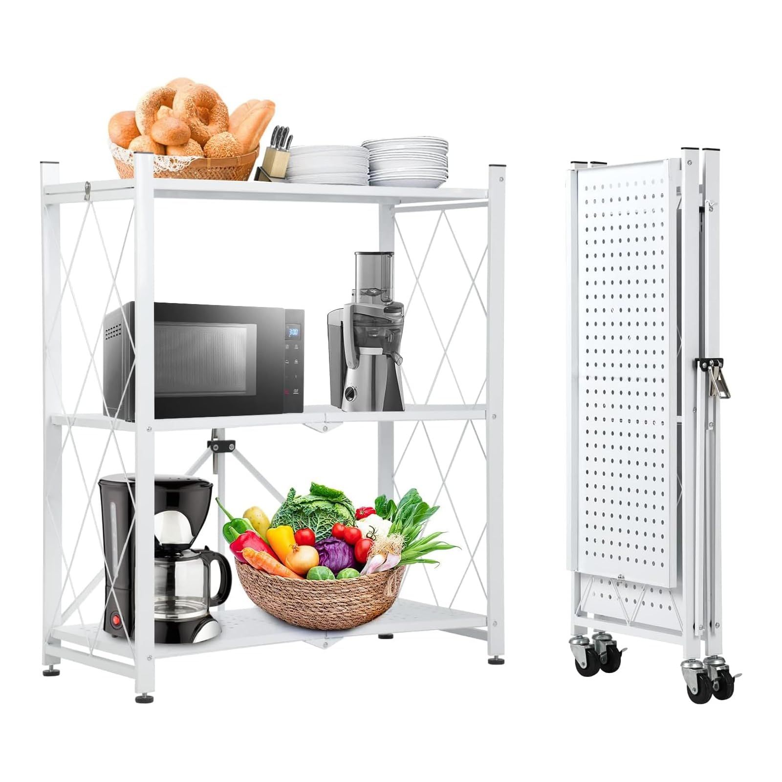 折り畳みラック オープンラック スチールラック 可動棚 メタルラック 収納ラック オープンシェルフ キャスター付き レンジラック 幅71×奥行34×高さ87cm 頑丈なキッチン金属 組み立て不要 折りたたみ棚 F ing Shelf 3段 Whit