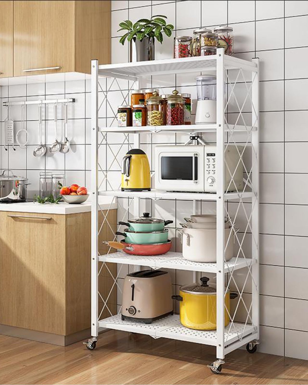 折り畳みラック オープンラック スチールラック 可動棚 メタルラック 収納ラック オープンシェルフ キャスター付き レンジラック 幅71×奥行34×高さ87cm 頑丈なキッチン金属 組み立て不要 折りたたみ棚 F ing Shelf 3段 Whit NEXPOTALLINN_EU